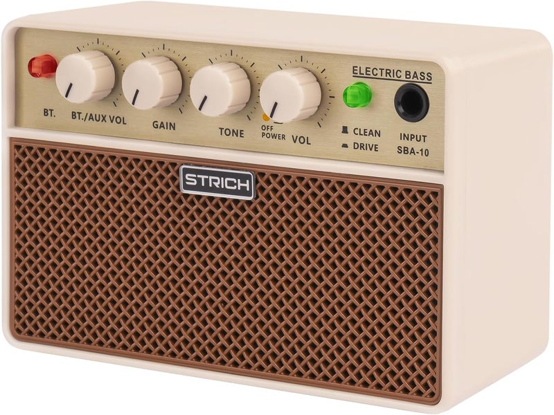 STRICH 2 x 5 W Mini Bass Amp - Portable, Rechargeable Bass Practice Amplifier with Clean & Drive Channels, 1/8 Headphone Output for Beginner, Brown - Image 1